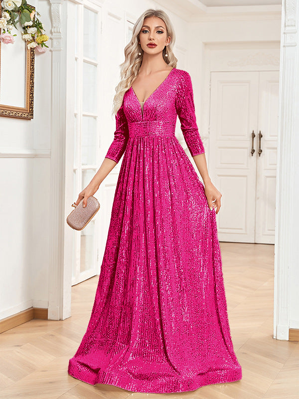 Robe de Soirée Femme Sequins Col V Taille Haute CJdropshipping