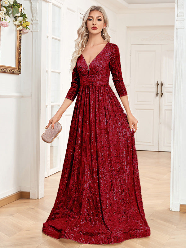Robe de Soirée Femme Sequins Col V Taille Haute CJdropshipping