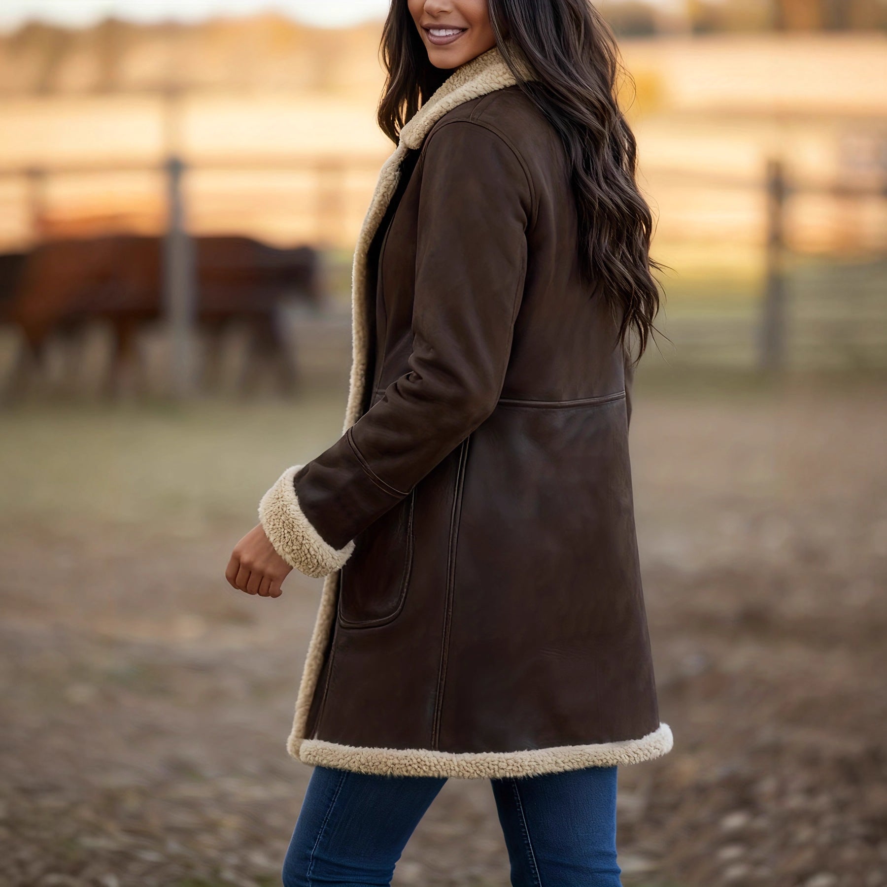 Manteau Femme Cuir Doublé Polaire Col Revers Rétro