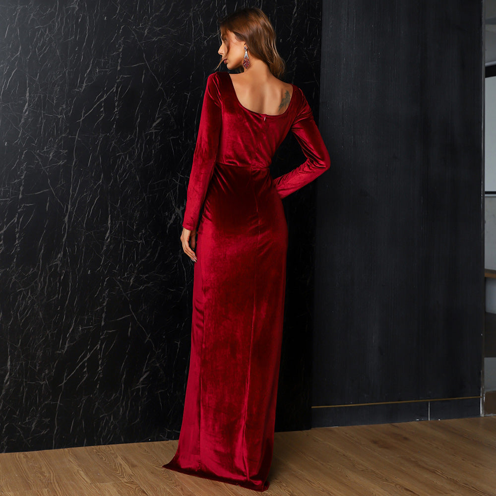 Robe Longue en Velours à Manches Longues
