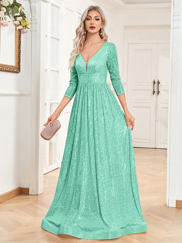 Robe de Soirée Femme Sequins Col V Taille Haute CJdropshipping