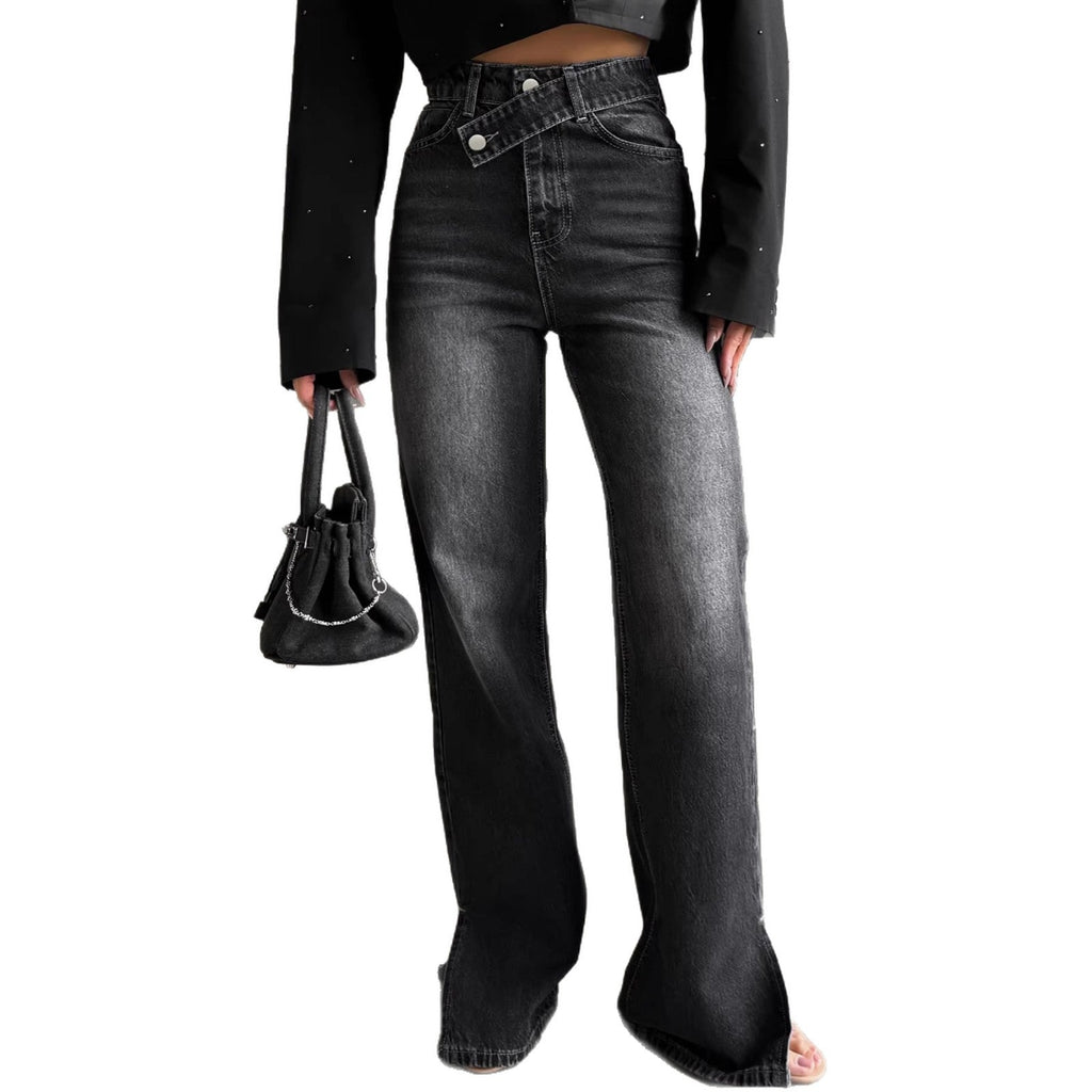 Jean Femme Taille Haute Évasé Denim Noir Ceinture Oblique CJdropshipping