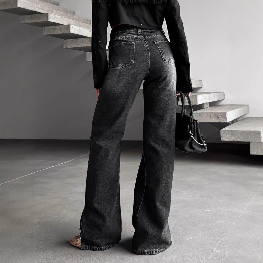 Jean Femme Taille Haute Évasé Denim Noir Ceinture Oblique CJdropshipping