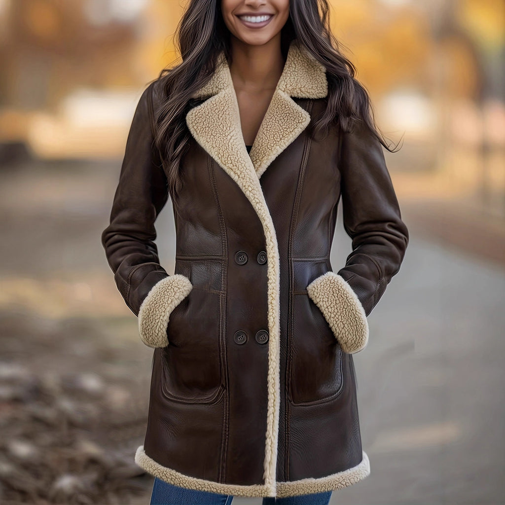 Manteau Femme Cuir Doublé Polaire Col Revers Rétro