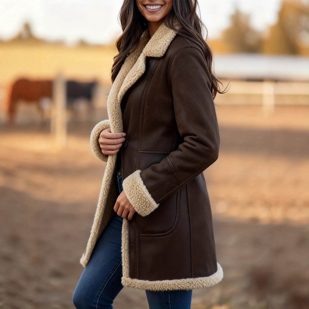 Manteau Femme Cuir Doublé Polaire Col Revers Rétro