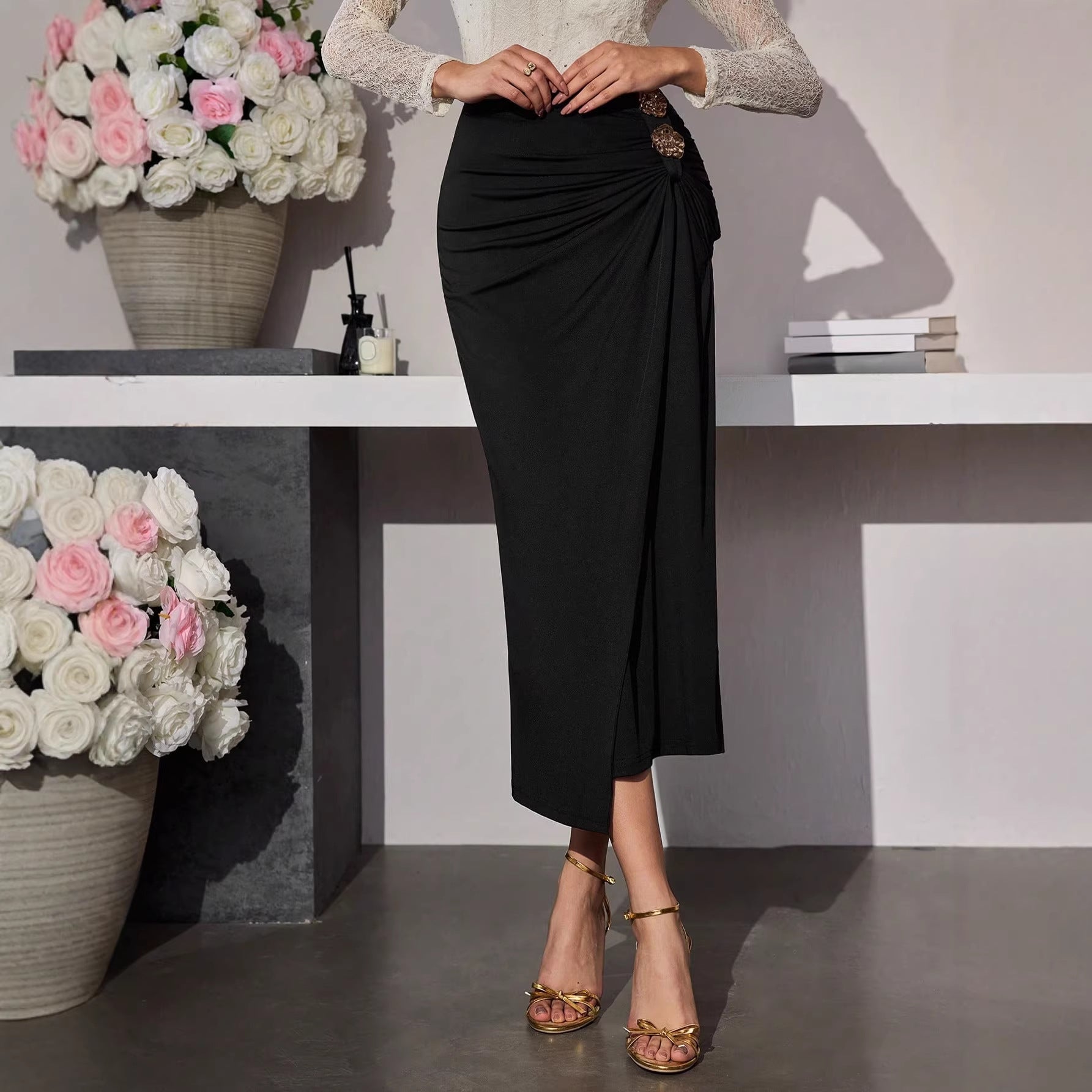 Jupe Femme Longue Plissée Taille Haute Boucle Métal Rose CJdropshipping