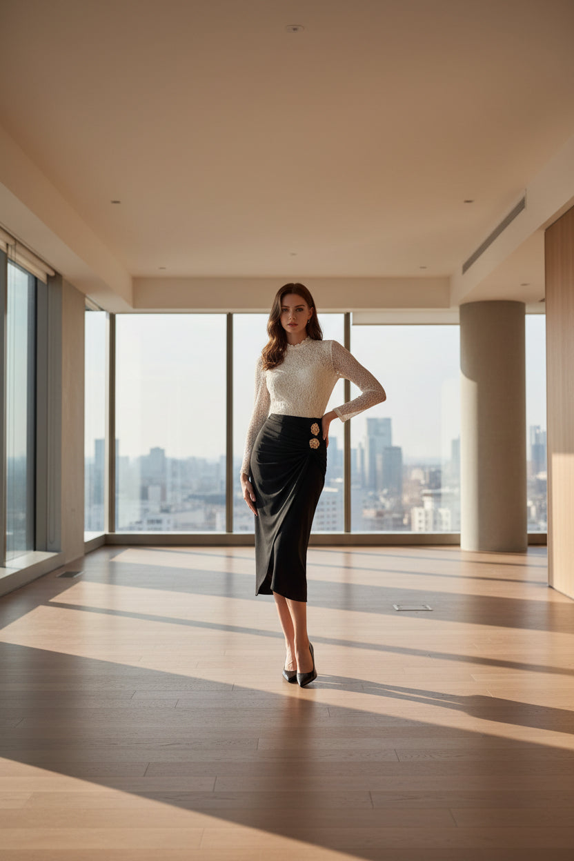 Person wearing a black dress with gold embellishments in an indoor setting