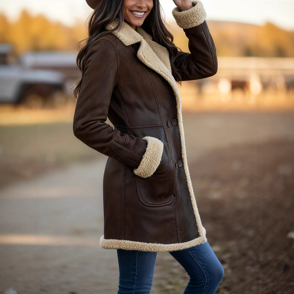 Manteau Femme Cuir Doublé Polaire Col Revers Rétro