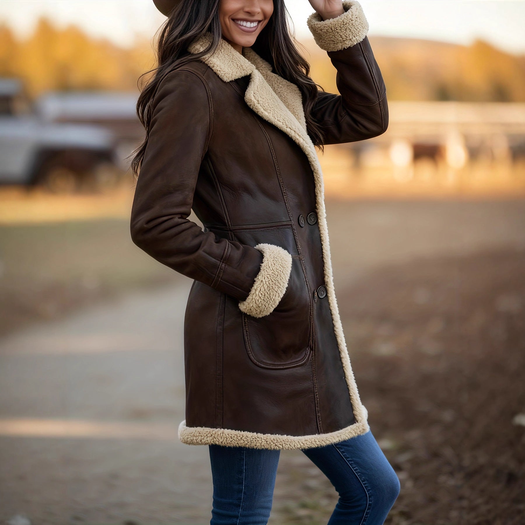 Manteau Femme Cuir Doublé Polaire Col Revers Rétro