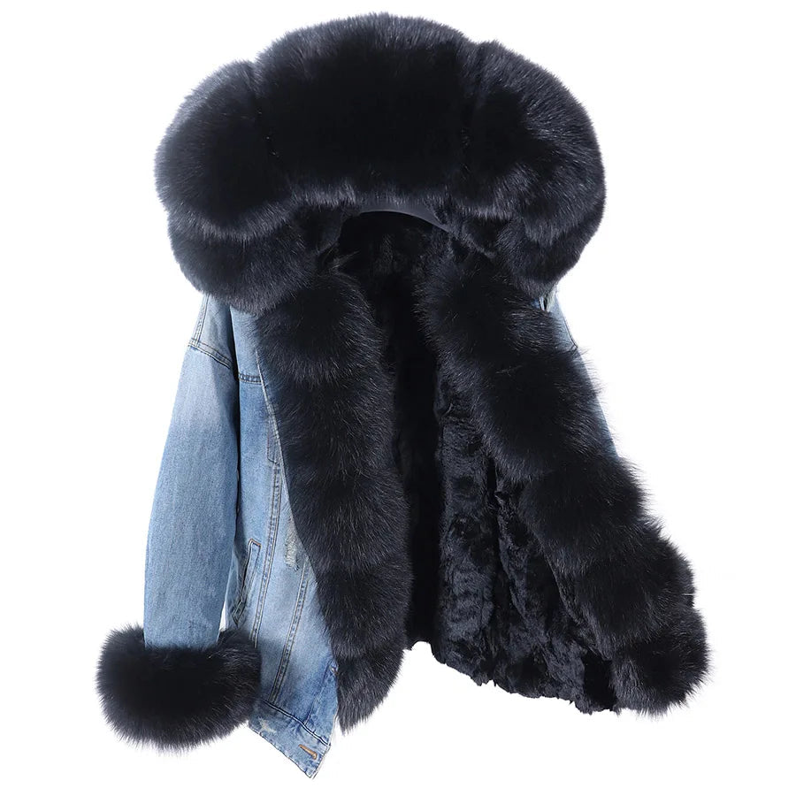 Manteau en Jean d’Hiver à Col en Fausse Fourrure Nid de Lune