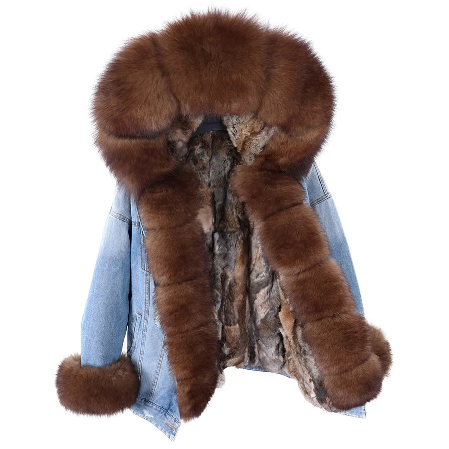 Manteau en Jean d’Hiver à Col en Fausse Fourrure Nid de Lune