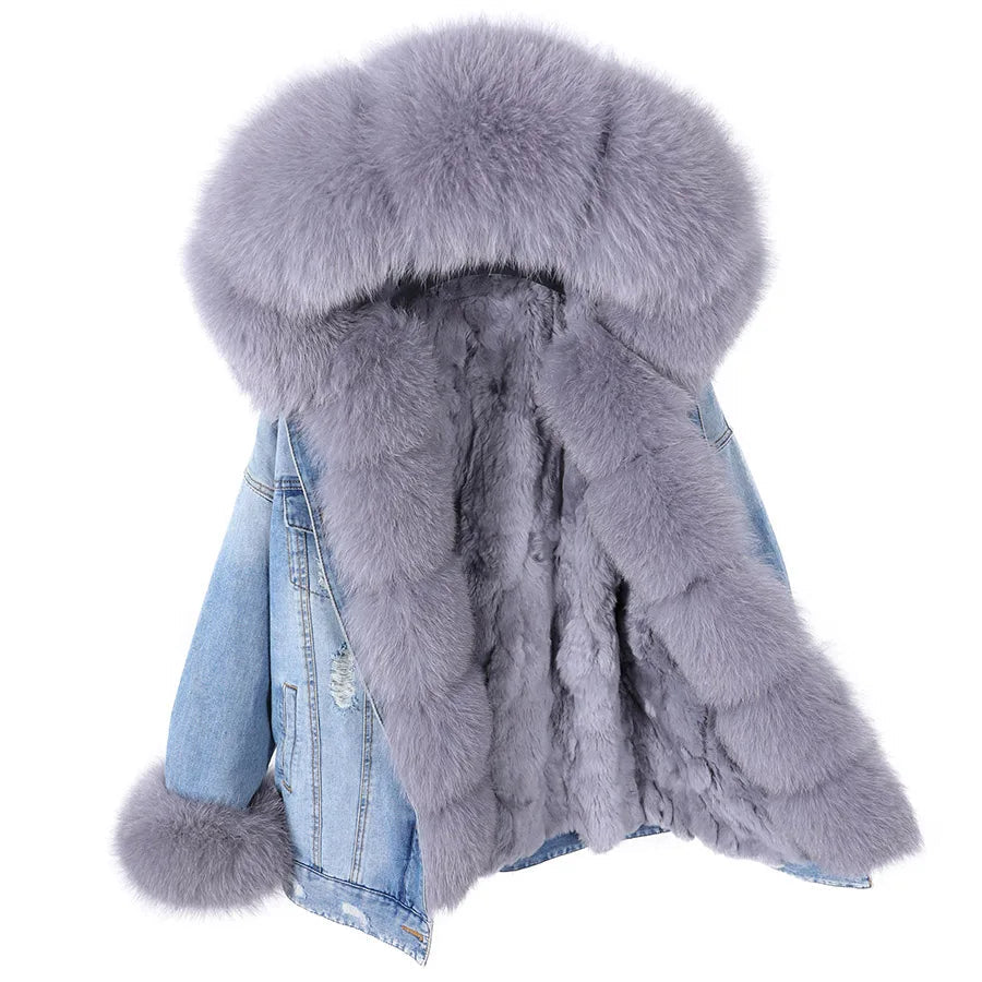 Manteau en Jean d’Hiver à Col en Fausse Fourrure Nid de Lune