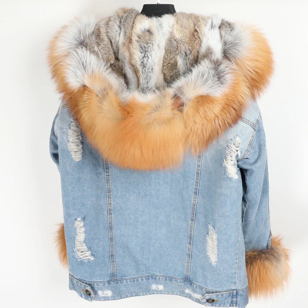 Manteau en Jean d’Hiver à Col en Fausse Fourrure