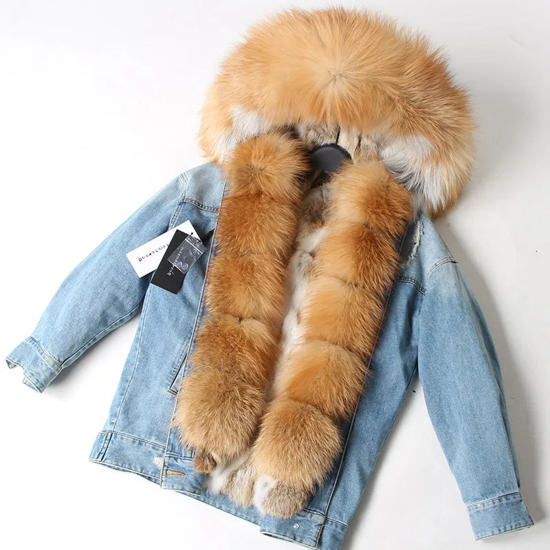 Manteau en Jean d’Hiver à Col en Fausse Fourrure Nid de Lune