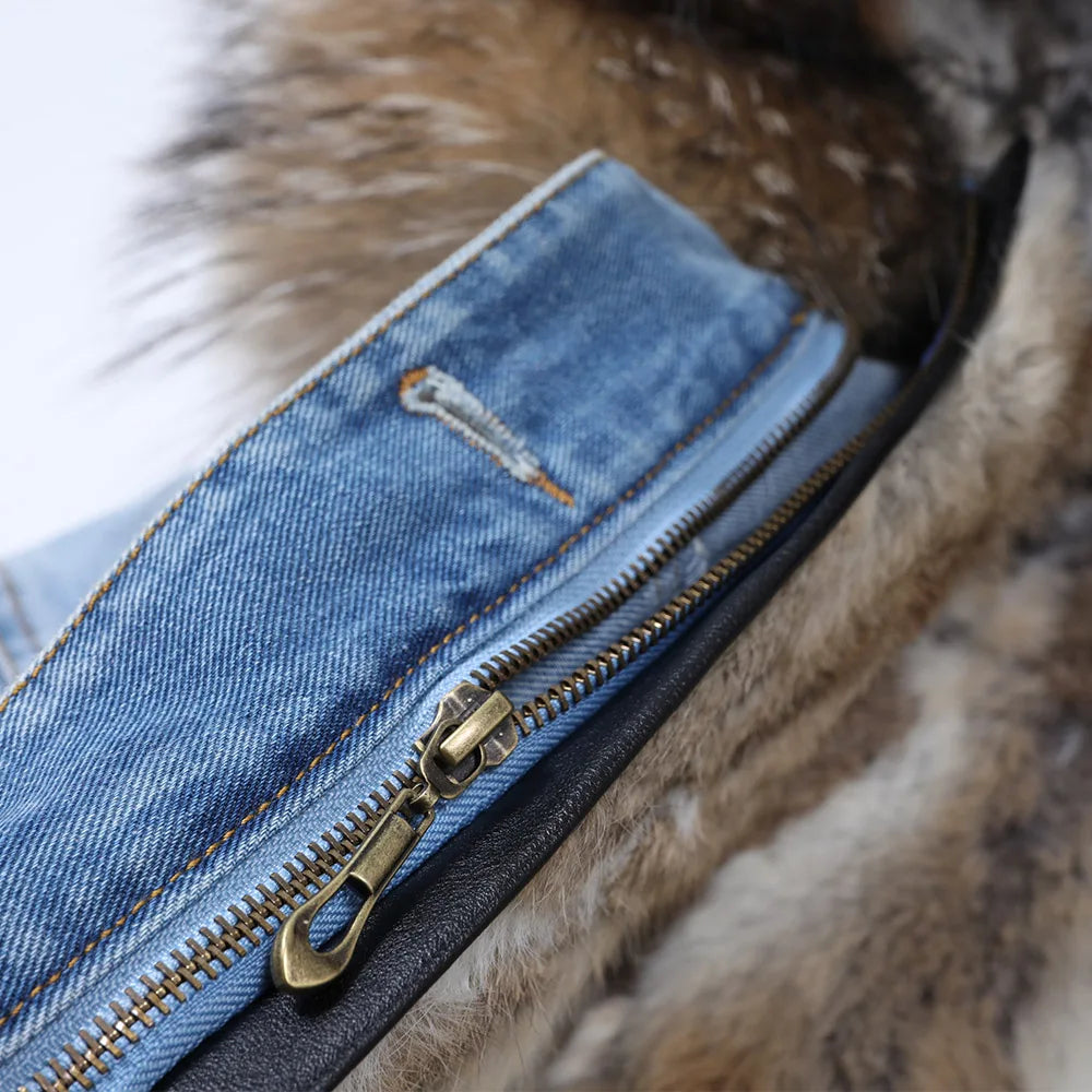 Manteau en Jean d’Hiver à Col en Fausse Fourrure