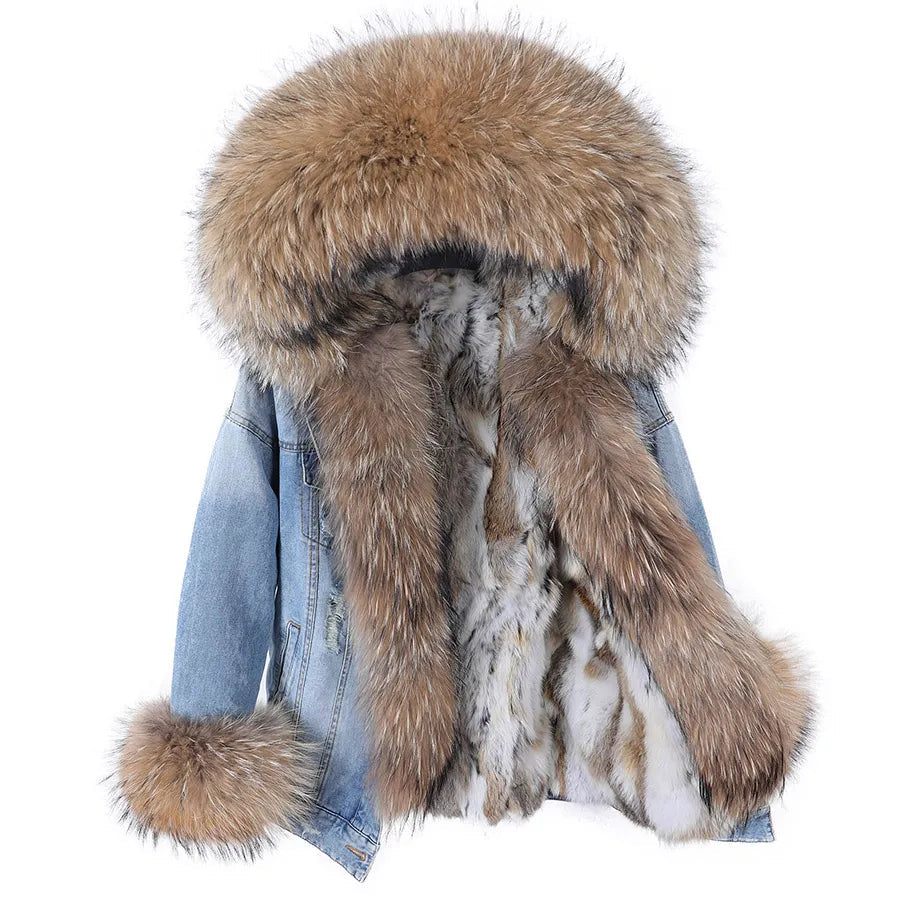 Manteau en Jean d’Hiver à Col en Fausse Fourrure Nid de Lune