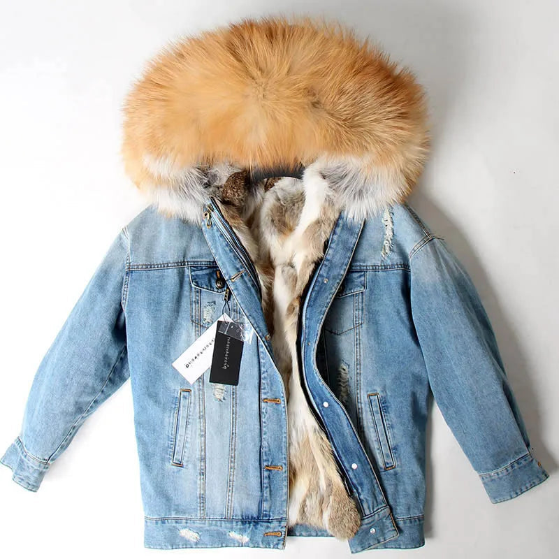 Manteau en Jean d’Hiver à Col en Fausse Fourrure Nid de Lune
