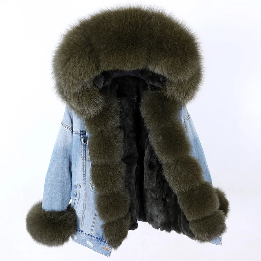 Manteau en Jean d’Hiver à Col en Fausse Fourrure Nid de Lune
