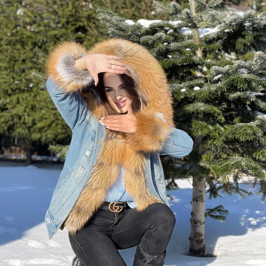 Manteau en Jean d’Hiver à Col en Fausse Fourrure