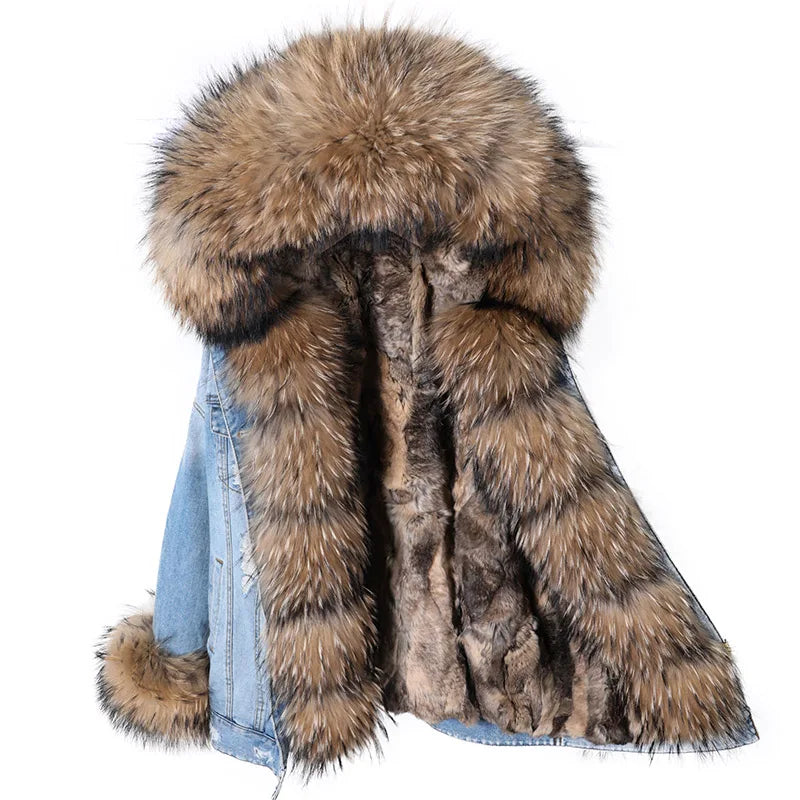 Manteau en Jean d’Hiver à Col en Fausse Fourrure Nid de Lune