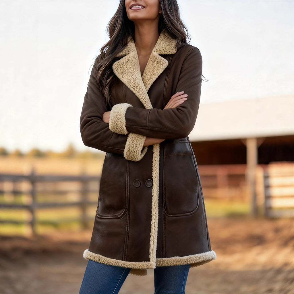 Manteau Femme Cuir Doublé Polaire Col Revers Rétro