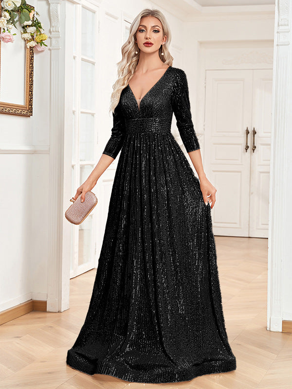 Robe de Soirée Femme Sequins Col V Taille Haute CJdropshipping