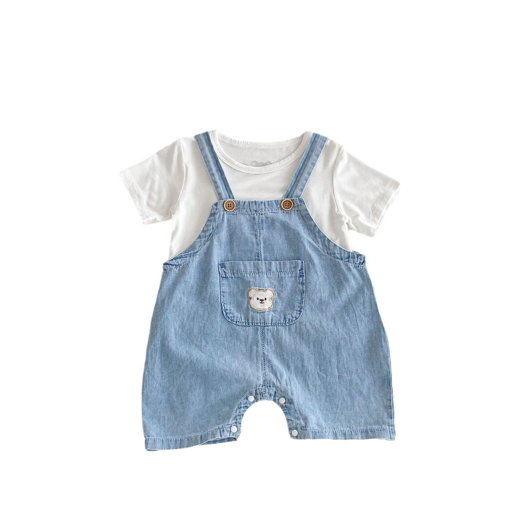 Ensemble d’Été Unisexe pour Bébé – T-Shirt à Motif Ourson et Salopette en Jean Léger